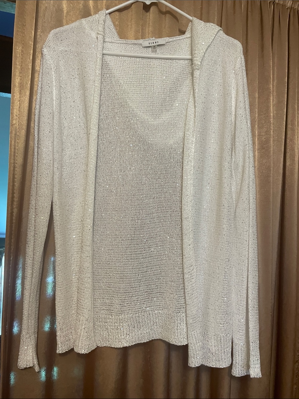 Sioni Cream Sparkle Hooded Open-Front Cardigan